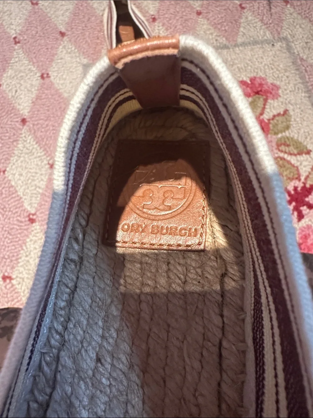 Tory Burch Cream Canvas Espadrille with Burgundy Stripes